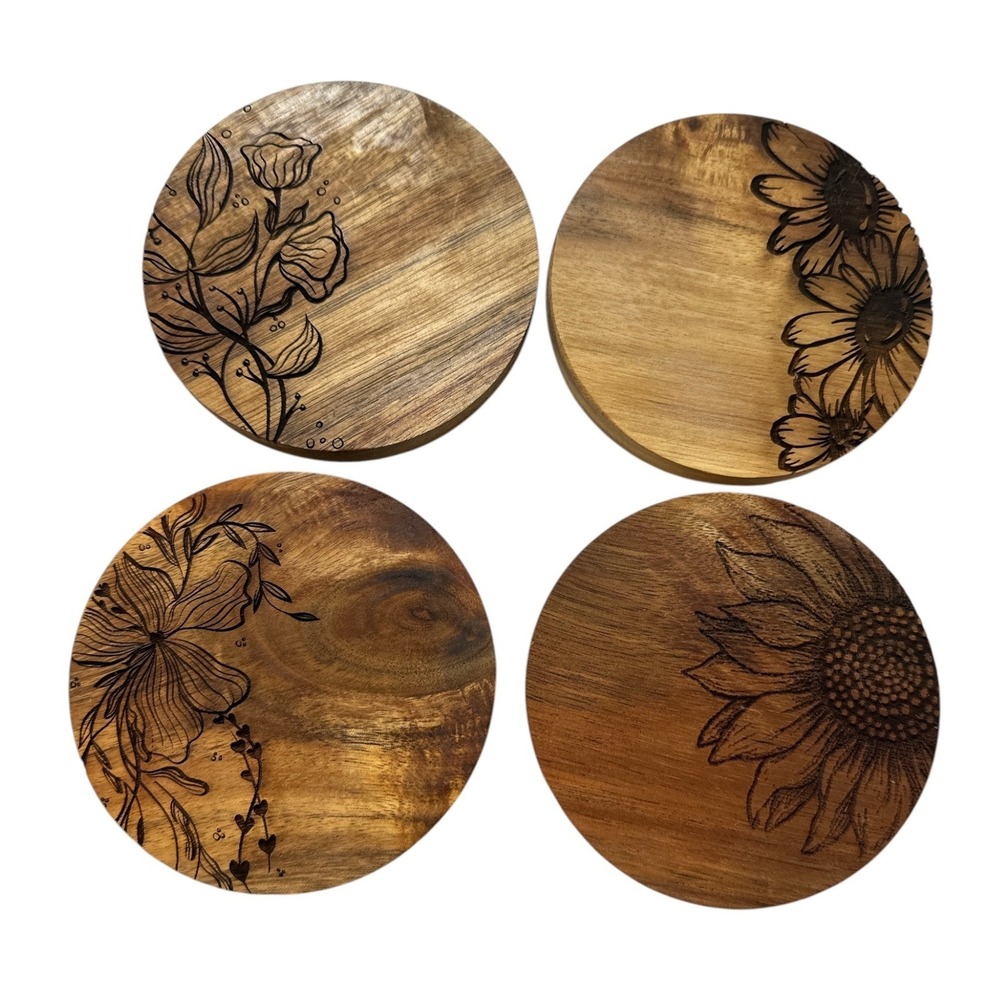 Set of 4 Wood Engraved Floral Coasters Natural Wood Round Various Wildflower 4in